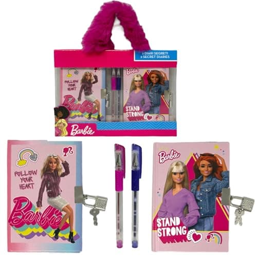 Image of CARTOON Barbie Secret Diaries Set with Glitter Gel Pens for Kids 4 Pcs in PVC Box with Plush Handle