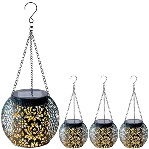 Image of GCCATE Solar Lanterns, 4 Pack Upgraded Hanging Outdoor Lantern Garden, Metal Solar Lights with Pattern, IP65 Waterproof Garden Lights Decoration for Patio Porch Pathway Balcony Table Fence