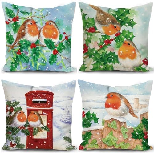 Image of KUNQIAN Christmas Cushion Covers Xmas Cushions Winter Robin Birds Pillow Cover 18x18 Inch Set of 4 Throw Pillow Case Christmas Decorative For Sofa Living Room Home Linen Square 45x45cm