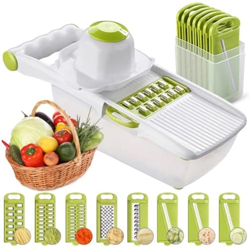Image of ADOV All in 1 Mandoline Slicer, Fruit and Vegetable Slicer, Multi Function Veg Cutter, Interchangeable Stainless Steel with Food Container, Hand Protector, Julienne Slice for Potato Onion (Lime)