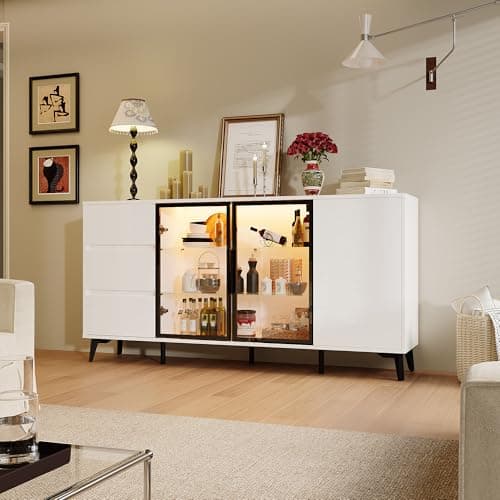Image of DEZAGCE Modern Sideboard with LED Lights, Buffet Cabinet Featuring 2 Glass & 1 Wood Doors and 3 Large Drawers, Display Storage Cabinet for Living Room, Dining Room, White