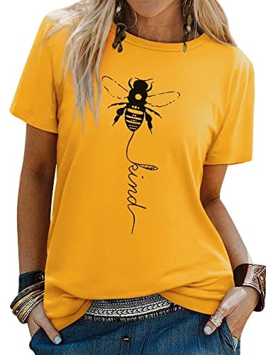 Image of Dresswel Women Bee Kind T-Shirt Ladies Bee Graphic Shirt Crew Neck Short Sleeve Summer Tee Tops(1-Yellow, XXL)