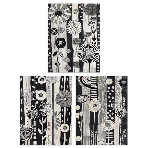 Image of Artery8 Set of 3 Black White Pattern Folk Art Flowers Living Room 12X16 Inch Wall Art Prints Pack