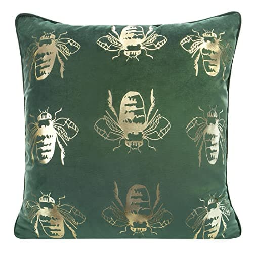 Image of Eurofirany Elegant Velvet Cushion Covers, Decorative Cushion with Print, 45 x 45 cm, Velvet Cushion Cover, Soft Sofa Cushion, Golden Bees, Dark Green