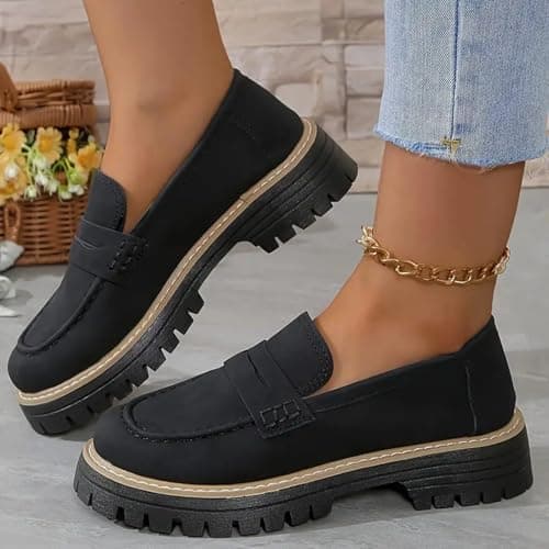 Image of Generic Women's Orthopedic Platform Loafers, Comfortable Low Top Suede Leather Loafers, Size 6 UK, Black