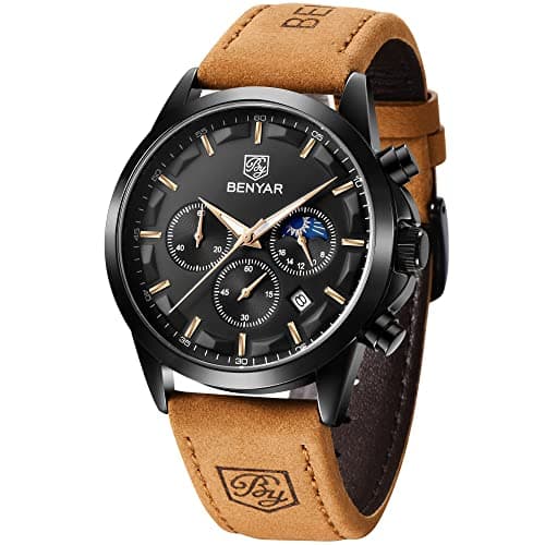 Image of BENYAR Men's Watch Waterproof Chronograph Luminous Classic Watches Leather Strap Large Dial Date Analogue and Anti-Scratch Elegant Gift (Black Black), Brown-b, Casual
