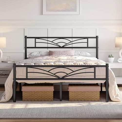 Image of Yaheetech 4ft6 Double Bed Solid Bed Frame with Cloud-inspired Design Headboard and Metal Bed Slats, Ample Under-bed Storage Black