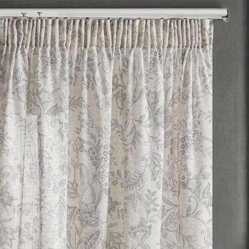 Image of TOPICK Linen Look Pencil Pleat Curtains for Bedroom Window, Grey Botanic Floral Voile Curtains & Drapes for Living Room, Light Filtering Sheer Curtain 2 Panels for Patio Door, Nursery, W55 x L72 Inch