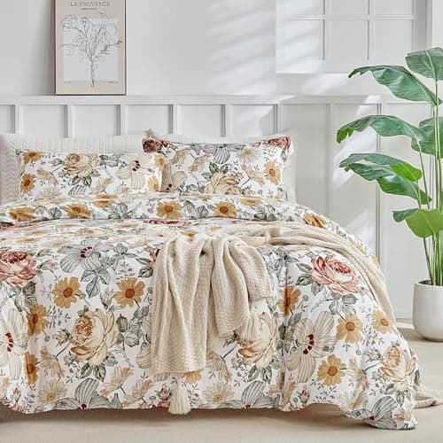 Image of Lekesky King Size Duvet Cover Sets Floral Bedding - Large Flowers Print White Bedding Sets King Size (1x Quilt Cover, 2x Pillowcases) Soft Microfibre Duvet Cover Sets 230x220 cm
