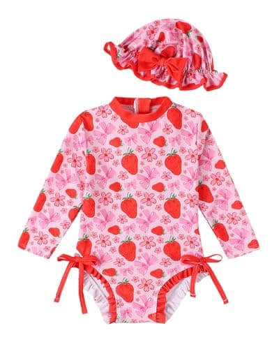 Image of JiAmy Baby Girls Swimming Costume Long Sleeve Zip Up One Piece Swimsuit Swimwear Bathing Suit Rash Guard with Sun Hat Set Pink Strawberry 18-24 Months