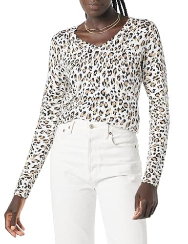 Image of Amazon Essentials Women's Regular-Fit Lightweight V-Neck Long-Sleeve Jumper (Available in Plus Size), White Cheetah, XL