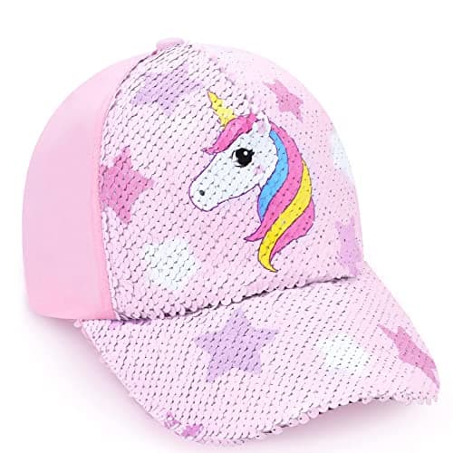 Image of WAWSAM Girls Baseball Cap Kids Hat Unicorn Sequin Baseball Cap Adjustable Toddler Girls Hat Sparkly Summer Sun Hat for Girls Age 3-8 (Pink)