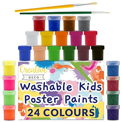 Image of Creative Deco Washable Paint for Kids Poster Paint Set | 20 ml x 24 Pots | Children Toddlers Finger Paints | Basic Fluorescent Glitter Metallic Neon Colours | Safe & Non-Toxic Quick Dry & Matte Finish