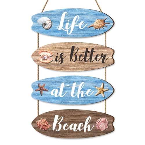 Image of Dazzlewall 4Pcs Beach Bathroom Wall Decor, Blue Wooden Surfboard Coastal Hanging Plaques Inspirational Quote Signs Ornaments for Bedroom Living Room 11.4x3.9 in