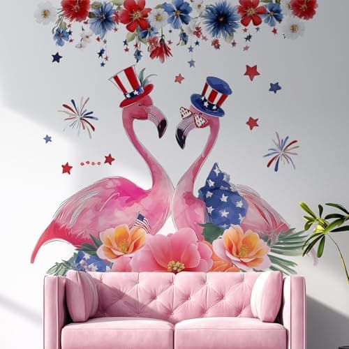 Image of VePret Pink Flamingos Wall Decals Peel and Stick, Large Flowers 4th of July American Wall Stickers & Murals, Removable Home Decor Art for Bedroom Living Room Classroom Office