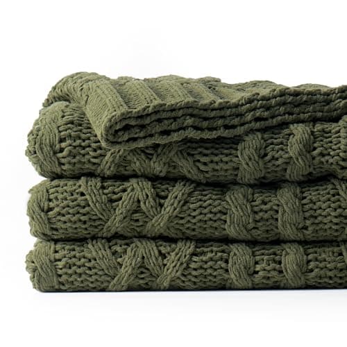 Image of Battilo Olive Green Knit Throw Blanket for Couch, Woven Chenille Throw Blankets for Living Room, Sofa, Soft Chunky Knit Blanket, Decorative Couch Blanket, 130x170cm