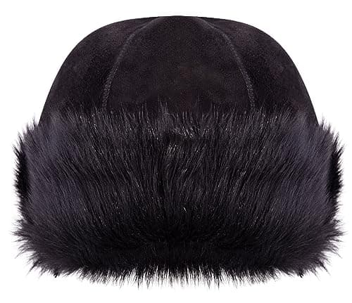 Image of Black 100% Sheepskin Shearling Leather Toscana Beanie Round Ushanka Russian Hat
