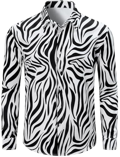 Image of COSAVOROCK Zebra Print Shirt for Men Long Sleeve Animal Casual Shirts, Black White, XXL