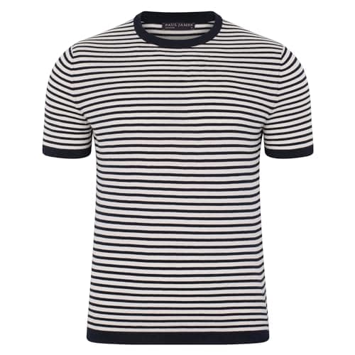 Image of Paul James Knitwear Mens Ultra Fine Cotton Knitted Narrow Breton Stripe T-Shirt (UK, Alpha, M, Regular, Regular, Navy)