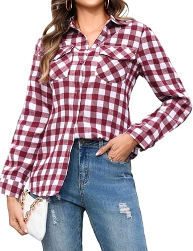 Image of Aottori Women Flannel Checked Shirt Ladies Long Sleeve Cotton Casual Plaid Shirts V Neck Button Down Blouse Top with Pockets Wine Red XXL