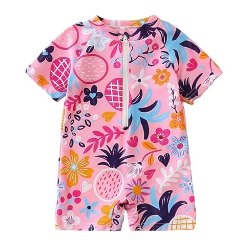 Image of InfiniZer Baby Swimsuit, Adorable Floral Print One-Piece with Half-Front Zip, Baby Girl Swimming Costume Rash Guard (UK, Age, 6 Months, 12 Months, Pineapple Floral Pattern)