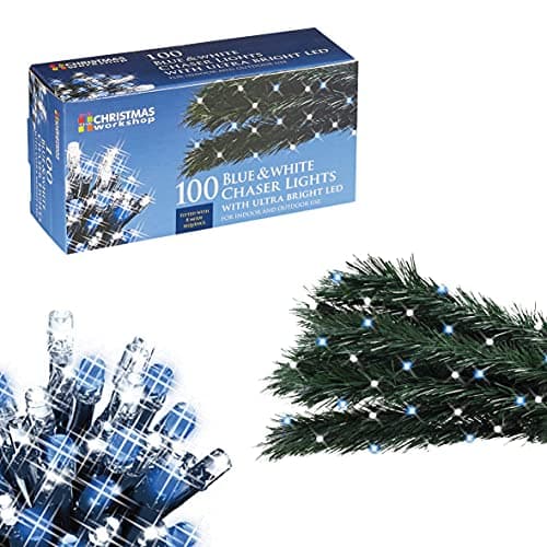 Image of The Christmas Workshop 78580 100 Blue & White LED Chaser Christmas Lights/Indoor or Outdoor Fairy Lights / 6.9 Metres / 8 Light Modes/Great for Christmas, Weddings & Gardens