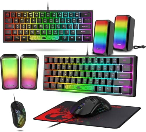 Image of LexonElec Keyboard Mouse Set Champing Accessories PC Pack Combo - 60 Percent Ultra Compact Light up Mini Keyboard [UK Layout] and Mouse up to 6400 DPI Gaming Bass Speaker Breathable Mouse Pad