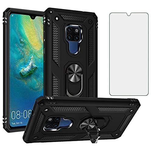 Image of Phone Case for Huawei Mate 20 X with Tempered Glass Screen Protector Cover Stand Ring Holder Shockproof Silicone Heavy Duty Accessories Magnetic Metal Hawaii Hawuei Hwauei 20x Mate20x Mate20 Black