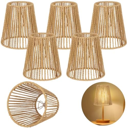 Image of 6 PCS Rattan Lamp Shades, Clip-on Rattan Lamp Shade, Chandelier Candle Bulb Lampshade, Natural Touch Hand Woven Lampshade for Chandeliers, Pendants, Wall Sconces, 3.9 x 5.6 x 5.4 in