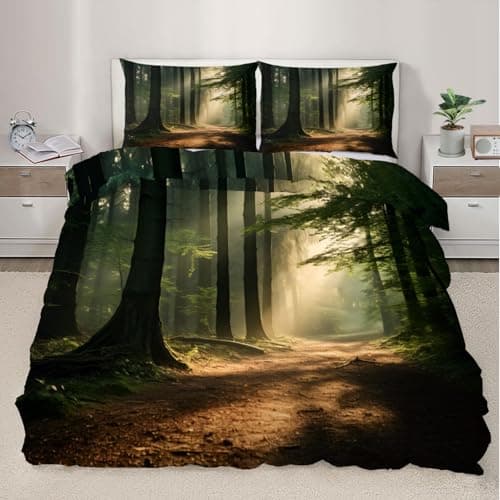 Image of XEODIAT Forest Bedding Duvet Cover Set Single Size Green Woods Bedding Set for Kids Boys Girls Decor Sunlight Comforter Cover Set Bedspread Cover(No Comforter)