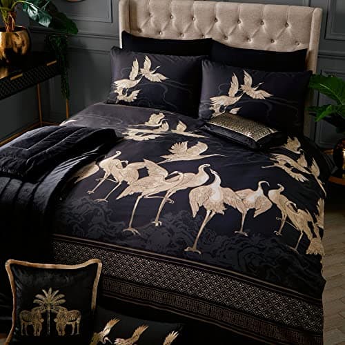 Image of Laurence Llewelyn-Bowen - Oriental Crane Bird Duvet Cover - Double Bedding Size (200 x 200cm) - Soft 100% Cotton - 2 Pillowcases - Designer Luxury Bedding Set - Black Duvet Cover with Birds