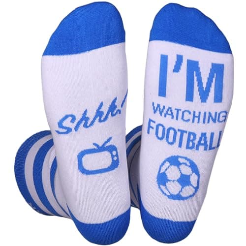 Image of Himozoo Novelty Calf-length Socks, Shhh! I'M Watching Football Funny Socks for Men Women Football Lovers Gifts, Size 6-11 (Football01-White blue)