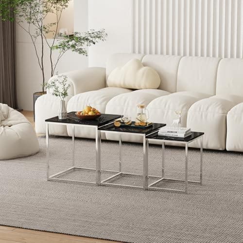 Image of Menaka Living Room Nesting Coffee Table Square Set of 3 Black High Glossing Small End Table Stackable Sofa Side Table Wood with Chrome Frame Bedroom Corner Beside Lamp Table (Black Marble)