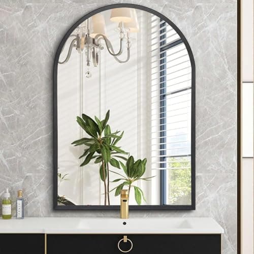 Image of HLFMVWE Black Arched Bathroom Wall Mirror Brushed Metal Vanity Wall Mounted Mirror for LivingRoom Bedroom Entryway Room vanity Home Decor 30 x 40CM