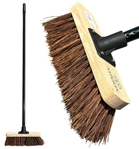 Image of 10” Stiff Broom Outdoor Garden Broom Heavy Duty with Metal Handle Natural Bassine Hard Bristle Yard Brush Factory Warehouse Floors Commercial and Industrial Strong Wooden Brush