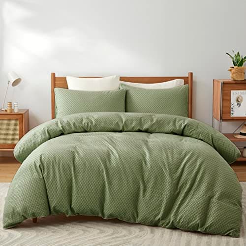 Image of Coastline Stylish Ruched crinkle Square Allover Olive green Quilt duvet cover with pillow case bedding set,Single/Double/King/Superking (Olive green, Double)