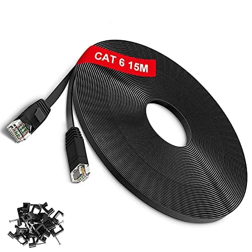 Image of TBMax 15m Ethernet Cable Cat6, Flat Network Cable High-Speed 1Gb 250MHz Gigabit LAN Cable with RJ45 Connectors, Long Internet Cable - UTP Patch Cables for Modem, Router, Switch, CCTV, Black