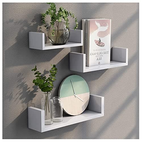 Image of Homme Concept - Floating Shelves Set of 3 - U Shaped Composite Wood Wall Mounted Display Shelf for Bedroom, Living Room, Bathroom, Kitchen, and Office (White)