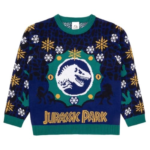 Image of Jurassic World Boys Christmas Jumper | Kids Dinosaur Xmas Sweater | Festive Knitted Pullover T-Rex | Official Winter Knit for Boys Ages 4-10 Years (6-7) Red