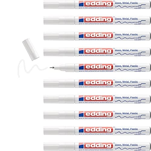 Image of edding 780 gloss paint marker - white - 10 paint markers - extra-fine round tip 0.8 mm - paint pen for glass, pebbles, wood, plastic, paper - waterproof, high coverage