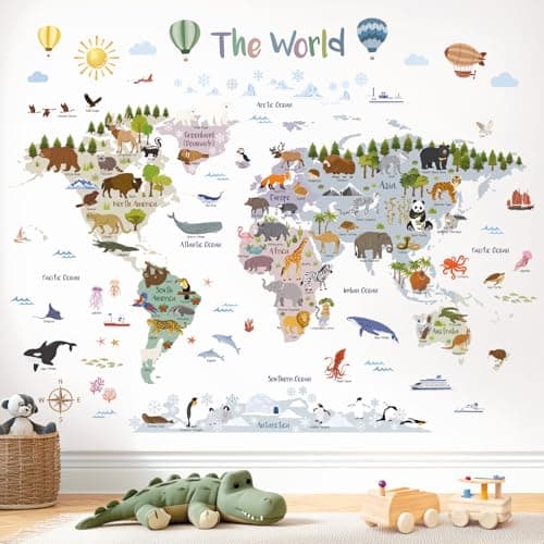 Image of DECOWALL Boho Animal World Map Wall Stickers (105x83cm) – Large Educational Decals for Nursery & Kids Bedroom (SG2-2516)
