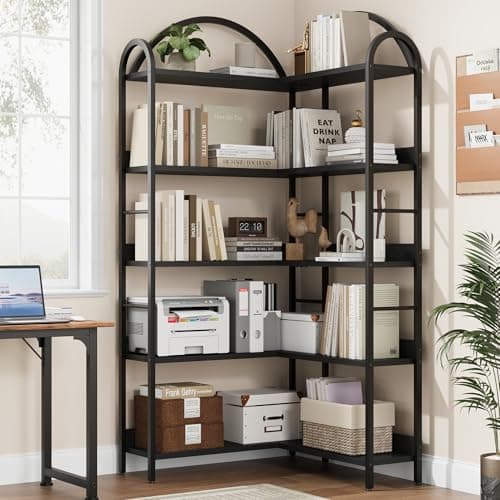 Image of Lidzopas 5-Tier Corner Bookcase Bookshelf 68.5" Arched Industrial Corner Shelf with Wood Shelves and Metal Frame Free Standing Tall Shelving Unit Display Shelf for Living Room Bedroom Office
