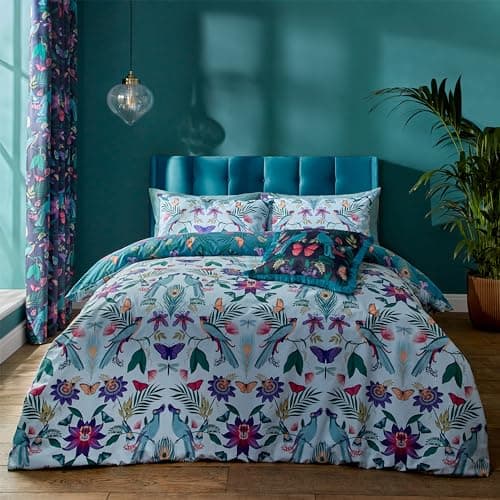 Image of Catherine Lansfield Mya Tropical Floral Reversible Double Duvet Cover Set with Pillowcases Duck egg Blue