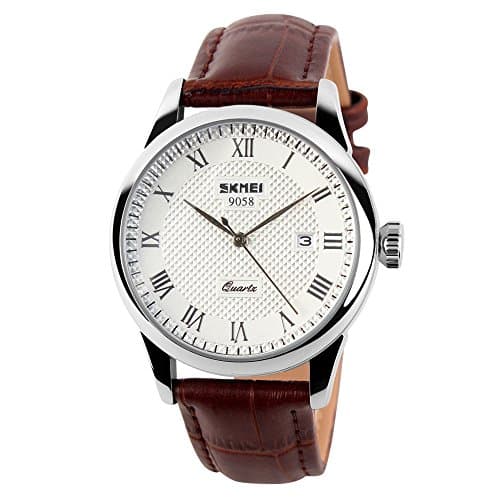 Image of SKMEI Brand Men’s Quartz Watches Waterproof Leather Strap Casual Calendar Business Wrist Watches Analog (Brown+Silver)