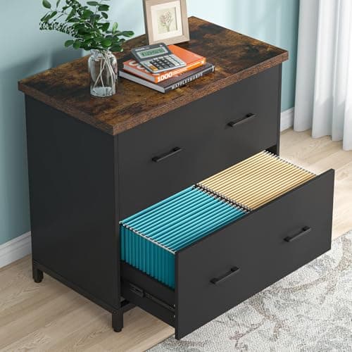 Image of Tribesigns 2-Drawer File Cabinets, Wood Lateral Filing Cabinet for Home Office, Small File Cabinet for A4, Letter-Size Files, Brown and Black