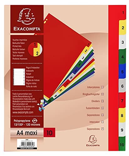 Image of Exacompta - Ref 84E - PP Printed Indices - For Use With A4+ Documents, 0.1mm Polypropylene, Pre-Punched, Soft & Tear Resistant - 10 Divider Parts (1-10) - White With Coloured Tabs