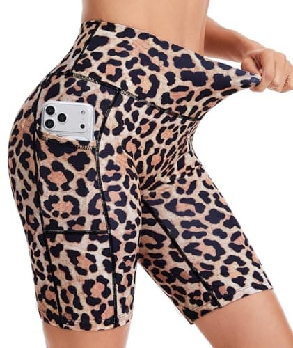 Image of YADIFEN High Waisted Sports Shorts Women with Pockets, Tummy Control Workout Shorts, Soft Stretch Lycra Short Women for Activewear Fitness Running Yoga Exercise Biker Leopard L