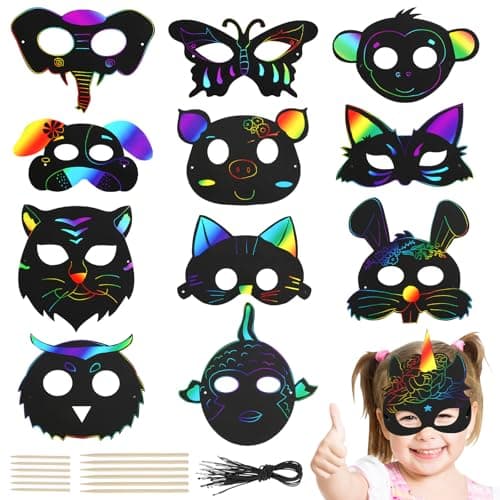 Image of Pack of 24 Scratch Pictures Masks for Children, 12 Animals Scratch Painting Art Masks, Magic Scratch Masks, Rainbow Scratch Paper Set with 24 Elastic Cords, 12 Wooden Pens for Children's Birthday