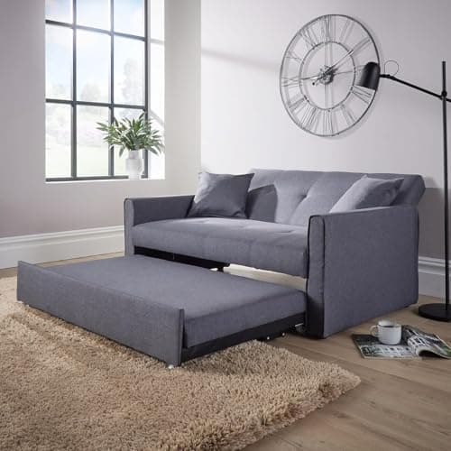 Image of Home Source Charleston Convertible Sofabed, 2 Seater Pull Out Sofa Bed, Linen Fabric, Compact Living Room/Guest Bed – Dark Grey