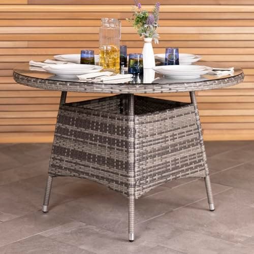 Image of CHARLES BENTLEY Outdoor, Garden, Patio, Durable Weaved Rattan, 4 Seater Dining Table, Grey, Parasol Hole Included, Weatherproof, Contemporary Style, Glass Tabletop, Easy Clean, 26.8kg (110x110x74cm)